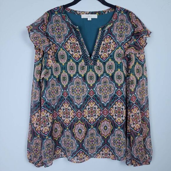 Loft Womens Size Large Tapestry Ruffle Shoulders Split Neck Blouse Blue Red - Picture 1 of 7
